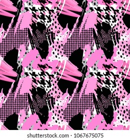 Seamless repeating  hand craft expressive ink pattern. Funky style painted texture, poster with different doodles for fabric, wrapping, decoration, greeting card,  textiles or t-shirt apparel design.