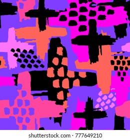 Seamless repeating  hand craft expressive ink pattern. Funky style painted texture, poster with different doodles for fabric, wrapping, decoration, greeting card,  textiles or t-shirt apparel design.