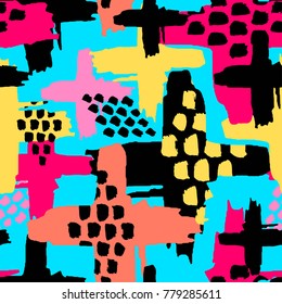 Seamless repeating  hand craft expressive ink pattern. Funky style painted texture, poster with different doodles for fabric, wrapping, decoration, greeting card,  textiles or t-shirt apparel design.