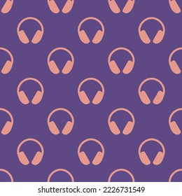 Seamless repeating headset flat icon pattern, dark lavender and ruddy pink color. Background for story.