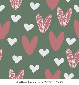 Nahtloses sich wiederholendes Herzmuster mit handgezeichneten Doodle-Herzen auf stumpfem grünem Hintergrund. Verspielte und moderne romantische Illustration, ideal für Geschenkverpackungen, Stoffdrucke, Tapeten, Grußkarten, Valentinstag-Projekte und gemütliche Branding-Designs.