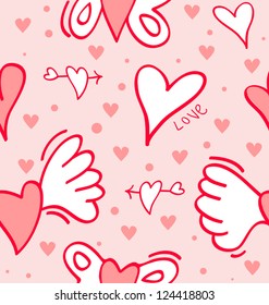 Seamless repeating hearts in flight- Pretty winged red hearts on a pink field for V-Day or other romantic occasion, align perfectly for wallpaper or background, easy to change colors.