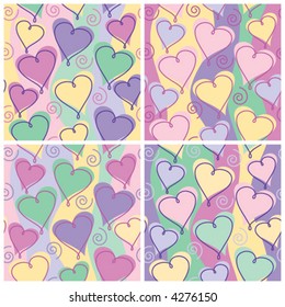 A seamless, repeating hearts and spirals pattern in four color combinations.