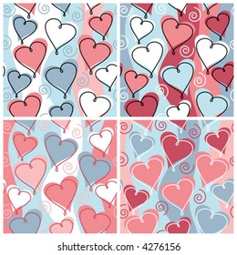 A seamless, repeating hearts and spirals pattern in four color combinations.
