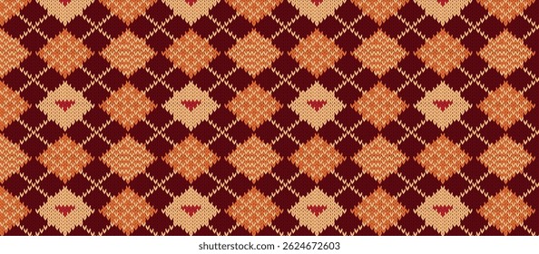  seamless repeating knitted fabric pattern with interlocking diamond motifs in maroon, peach, and coral, textured and symmetrical