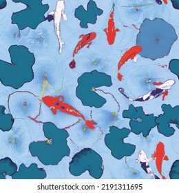 Seamless repeating koi pond pattern on blue with black fish