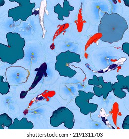 Seamless repeating koi pond pattern on blue