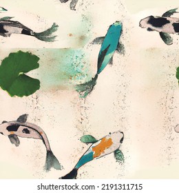 Seamless repeating koi pond pattern on paper