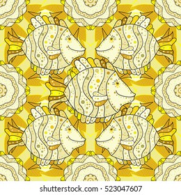 Seamless Repeating Leaf yellow Background. Vector Leafs Silhouette Seamless Pattern. Beige. Fish.