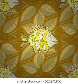 Seamless Repeating Leaf yellow Background. Vector Leafs Silhouette Seamless Pattern. Beige. Fish.