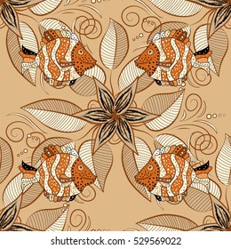 Seamless Repeating Leaf yellow Background. Vector Leafs Silhouette Seamless Pattern. Beige. Fish.