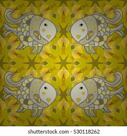 Seamless Repeating Leaf yellow Background. Vector Leafs Silhouette Seamless Pattern. Yellow. Fish.