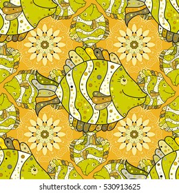 Seamless Repeating Leaf yellow Background. Vector Leafs Silhouette Seamless Pattern. Beige. Fish. Petal flower.
