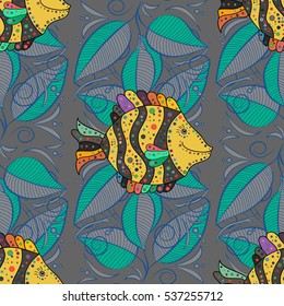 Seamless Repeating Leaf yellow Background. Vector Leafs Silhouette Seamless Pattern. Yellow. Fish.