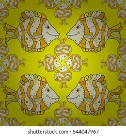 Seamless Repeating Leaf yellow Background. Silhouette Seamless Pattern. Beige. Fish. Radial gradient shape.
