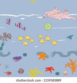 Seamless repeating marine pattern with swimming girl and seabed with fish, octopus, starfish and shells
