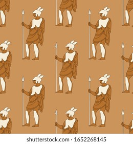 Seamless repeating monochrome pattern with ancient Greek warriors. Vase painting style.