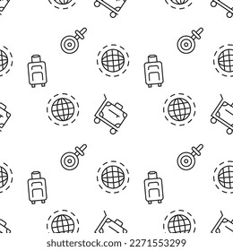 Seamless repeating monochrome pattern of chassis, world, suitcase, luggage, baggage. Perfect for web sites, apps, shops, backgrounds, wallpapers