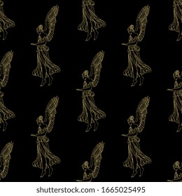 Seamless repeating monochrome pattern with hand drawn silhouetted linear sketches of vintage angel or antique winged goddess.