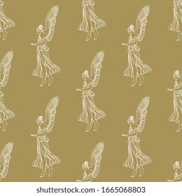Seamless repeating monochrome pattern with hand drawn silhouetted linear sketches of vintage angel or antique winged goddess.