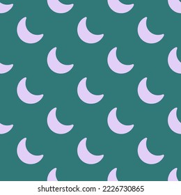 Seamless repeating moon flat icon pattern, celadon green and pale lavender color. Background for UI design.