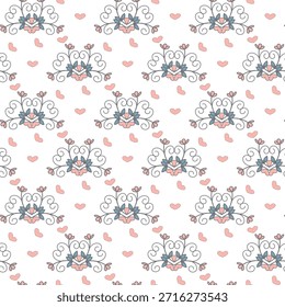Un motivo que se repite sin fisuras con delicados remolinos, acentos azules, corazones de color rosa suave y Elementos florales estilizados. Ideal para Fondo de pantalla, textiles, papelería y proyectos de temática romántica 
