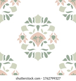 Seamless repeating motif vector pattern of shapes and flowers in soft pastel dusky greens and pink. Delicate and pretty, great for her on giftwrap, wallpaper, fabric print or any surface design.