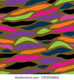 Seamless repeating neon color eighties zebra stripes style pattern. Vintage retro colors, hand drawn, animal skin.
