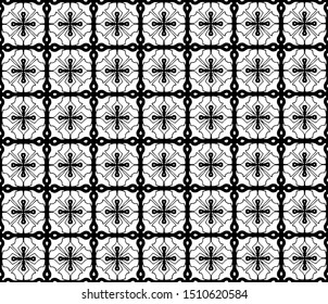Seamless repeating ornament. Black and white geometric pattern. Mesh pattern. Crosses. Vector background.