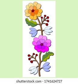seamless repeating ornament purple yellow geranium, flowers, hand drawing, pattern for embroidery on a belt, tape or tie, traditional folk costume for the holiday, printable postcards