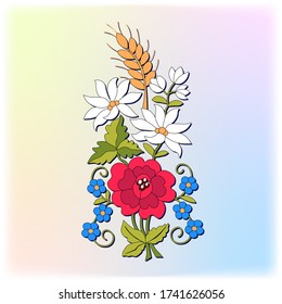 seamless repeating ornament red peony, white chrysanthemum, wheat, flowers, hand drawing, pattern for embroidery on a belt, tape or tie, traditional folk costume for the holiday, printable postcards
