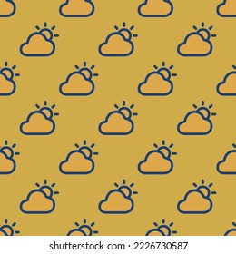 Seamless repeating partly sunny outline flat icon pattern, indian yellow and st. patrick's blue color. Background for online meeting.
