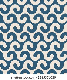 Seamless repeating pattern. Abstract blue sea waves on a white background. Retro style geometric striped ornament. Elegant wavy texture. Vector illustration.