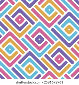 Seamless repeating pattern with an abstract composition of striped multicolored squares on a white background. Modern geometric design with lively colors. Vector illustration.