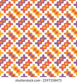 Seamless repeating pattern with an abstract design of small colorful rectangular elements arranged on a diagonal grid. Geometric vector Illustration for fabric, textile, wrapping paper, and print.
