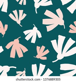 Seamless repeating pattern with abstract floral shapes in pastel pink and white on dark green background. Modern and stylish textile, gift wrap, wall art, packaging and branding design.