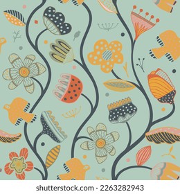Seamless repeating pattern with abstract flowers, birds and leaves in blue yellow colors. Flat simple fabric, gift wrap, wall design. Vector