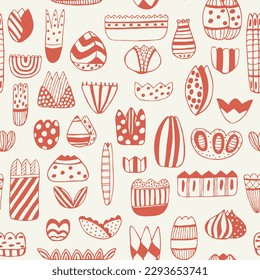 Seamless repeating pattern with abstract flowers, birds and leaves in pink, red, black colors. Flat simple fabric, gift wrap, wall design. Vector