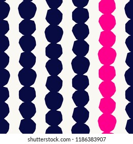 Seamless repeating pattern with abstract geometric shapes in navy blue and pink on white background. Wall art, greeting card, textile, packaging design.