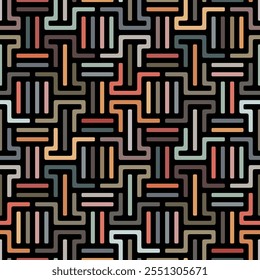 Seamless repeating pattern with an abstract geometric maze of multicolored lines on a black background. Ethini modern style. Vector illustration.