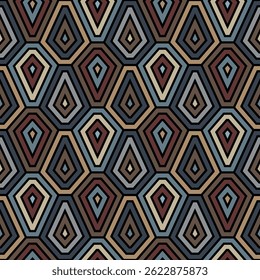Seamless repeating pattern with an abstract geometric design of repeated multicolor concentric hexagons outlined with a black stroke. Graphic textile texture in a retro style. Vector illustration.