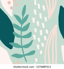 Seamless repeating pattern with abstract leaf shapes in mint, white, pastel pink and green mint green background. Modern and stylish textile, gift wrap, wall art, packaging and branding design.