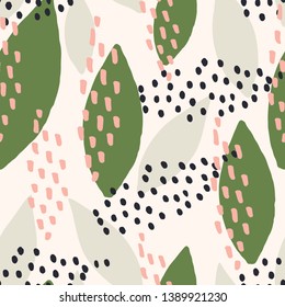 Seamless repeating pattern with abstract leaf shapes in light gray, green and pink on cream background. Modern and stylish textile, gift wrap, wall art, packaging and branding design.