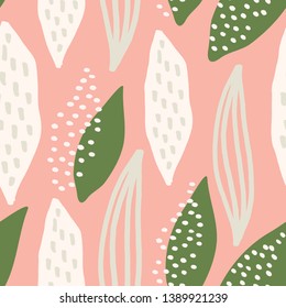 Seamless repeating pattern with abstract leaf shapes in white, green and light gray on pastel pink background. Sweet and delicate textile, gift wrap, wall art, packaging and branding design.