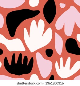Seamless repeating pattern with abstract shapes and floral elements in white, pink and black on red background. Abstract contemporary collage style poster, wallpaper, fabric, packaging design.