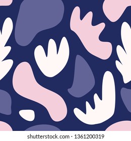 Seamless repeating pattern with abstract shapes and floral elements in white, pink and lavender on blue background.  Abstract contemporary collage style poster, wallpaper, fabric, packaging design.