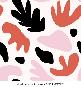 Seamless repeating pattern with abstract shapes and floral elements in red, pink and black on white background. Abstract contemporary collage style poster, wallpaper, fabric, packaging design.