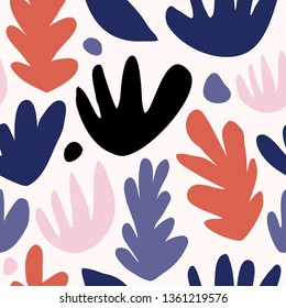 Seamless repeating pattern with abstract shapes and floral elements in red, pink, lavender, blue and black on white background. Abstract contemporary collage style poster, wallpaper, fabric, packaging