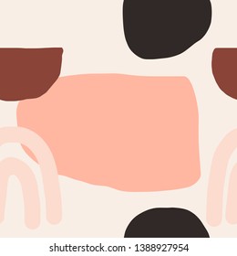 Seamless repeating pattern with abstract shapes in dark green, pink and brown on cream background. Contemporary collage style poster, wallpaper, fabric, packaging and branding identity design.