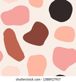 Seamless repeating pattern with abstract shapes in brown, pink and orange on cream background. Contemporary collage style poster, wallpaper, fabric, packaging and branding identity design.